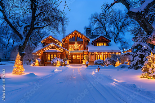 beautiful house with lights and decorations in the snow at winter, winter`s holidays concept, country life, cosy home photo