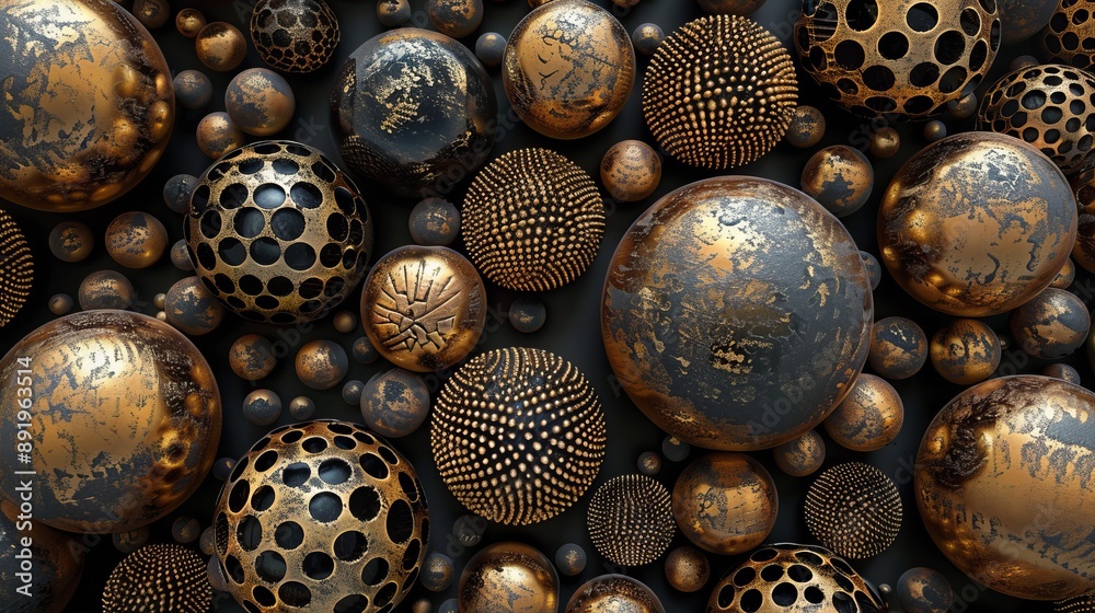 A collection of bronze and black textured spheres adorned with intricate patterns, combining a blend of industrial and artistic design elements creating captivating aesthetic. A collection of bronze and black textured spheres adorned with intricate patterns, combining a blend of industrial and artistic design elements creating captivating aesthetic.