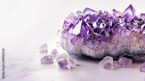 Obraz na płótnie Close up amethyst geode on white background with space for text