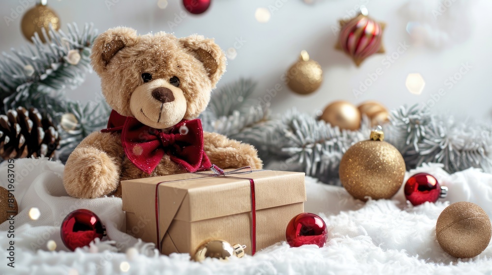 Christmas themed teddy bear with gift box and festive ornaments on white backdrop Christmas themed teddy bear with gift box and festive ornaments on white backdrop