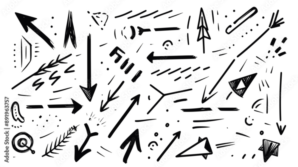A set of hand-drawn arrows and punctuation marks, simple line art with black lines on a white isolated background. minimalistic vector. Illustrations A set of hand-drawn arrows and punctuation marks, simple line art with black lines on a white isolated background. minimalistic vector. Illustrations