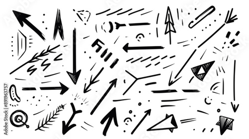 A set of hand-drawn arrows and punctuation marks, simple line art with black lines on a white isolated background. minimalistic vector. Illustrations