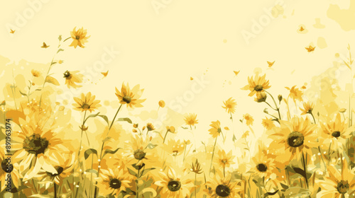minimalistic watercolor background border with space for text, flight over picturesque sunflower fields, yellow flowers cover every corner of the scene. minimalistic vector. Illustrations