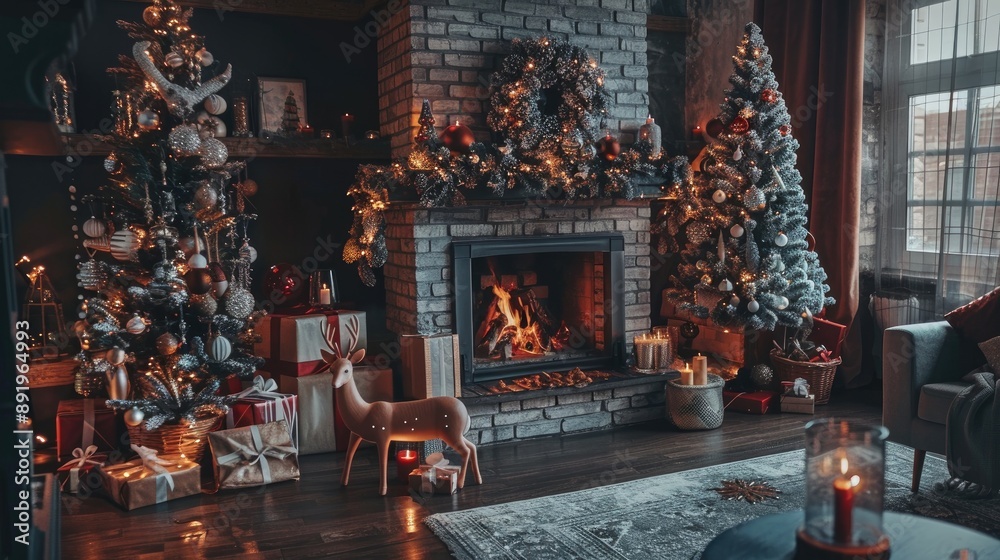 Festive Christmas decor with tree fireplace deer lights gifts at home Festive Christmas decor with tree fireplace deer lights gifts at home