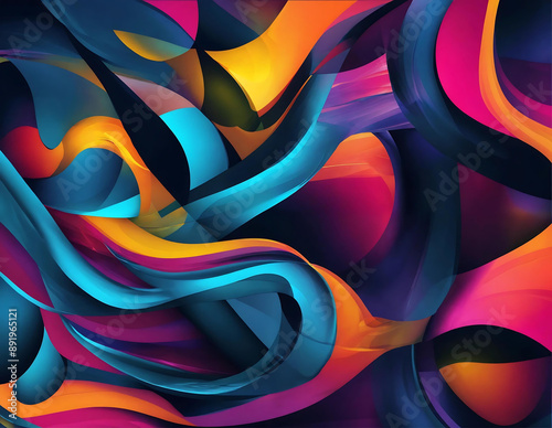 Colorful abstract painting featuring dynamic wavy lines in various shades of red, blue, yellow, and green. The lines create a sense of movement and energy.