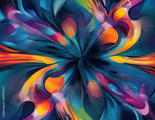 Abstract painting is bursting with an array of vibrant colors, including reds, blues, yellows, greens, and purples. Striking shapes and patterns dance across the canvas.