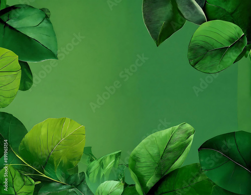 Cluster of vibrant green leaves is seen against a solid green backdrop. The leaves vary in size and shape, creating a visually appealing pattern. 