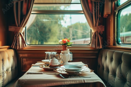 A poster showing the interior of a luxurious train dining car 