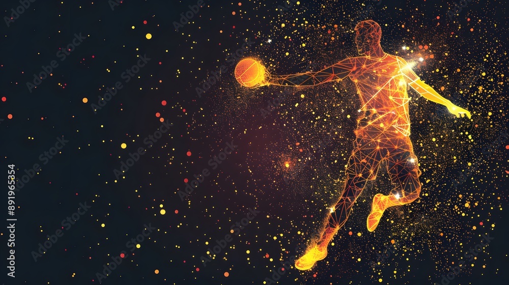 Naklejka premium silhouette Abstract silhouette of a wireframe handball player from particles on the background. Convenient organization of eps file. Vector illustartion. Thanks for watching . 