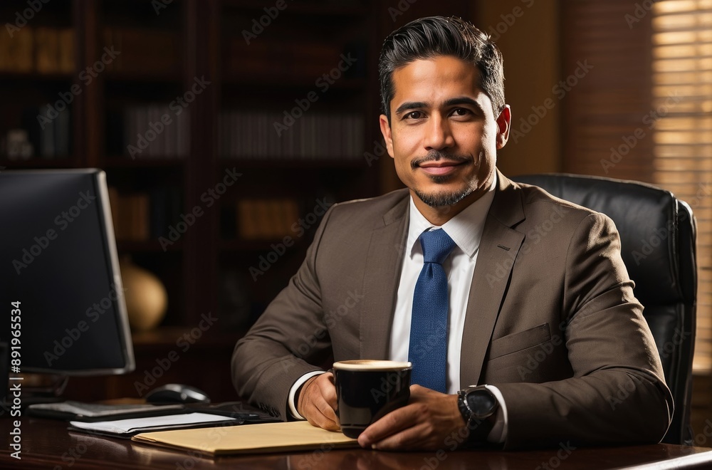 Confident Hispanic businessman holds coffee cup in office settings Confident Hispanic businessman holds coffee cup in office settings