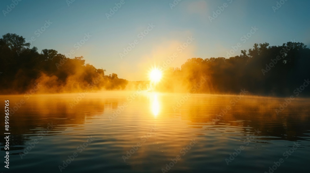 Sunrise over a serene lake with mist rising from the water Sunrise over a serene lake with mist rising from the water