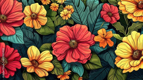 Wallpaper Mural botanical doodles, vibrant flowers and foliage in a lively doodle style, offering a dynamic visual experience full of energy Torontodigital.ca