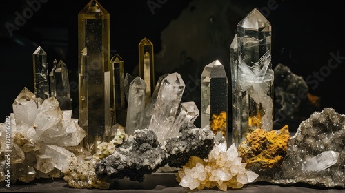 Mineral museum display featuring hubnerite pyrite quartz and black background photo