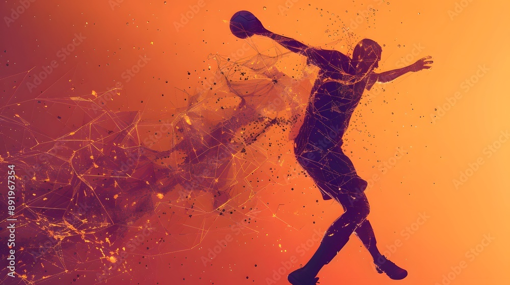 Naklejka premium silhouette Abstract silhouette of a wireframe handball player from particles on the background. Convenient organization of eps file. Vector illustartion. Thanks for watching . 