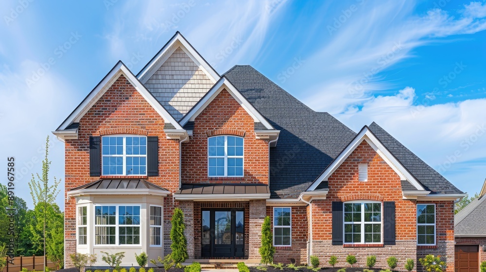 Detail of new brick house with shingle roof and attic windows against blue sky Professional property presentation Detail of new brick house with shingle roof and attic windows against blue sky Professional property presentation