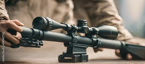 Detailed View of a High-Powered Rifle Scope Mounted on a Professional Firearm photo