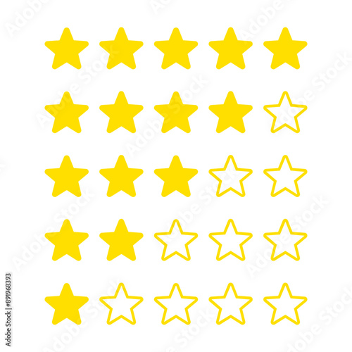 Product rating or customer review with gold stars set collection. Graphic symbol flat design interface illustration elements for app ui ux web banner button vector isolated on white background