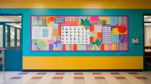 School Bulletin Board Displaying Student Work in a Vibrant Hallway photo