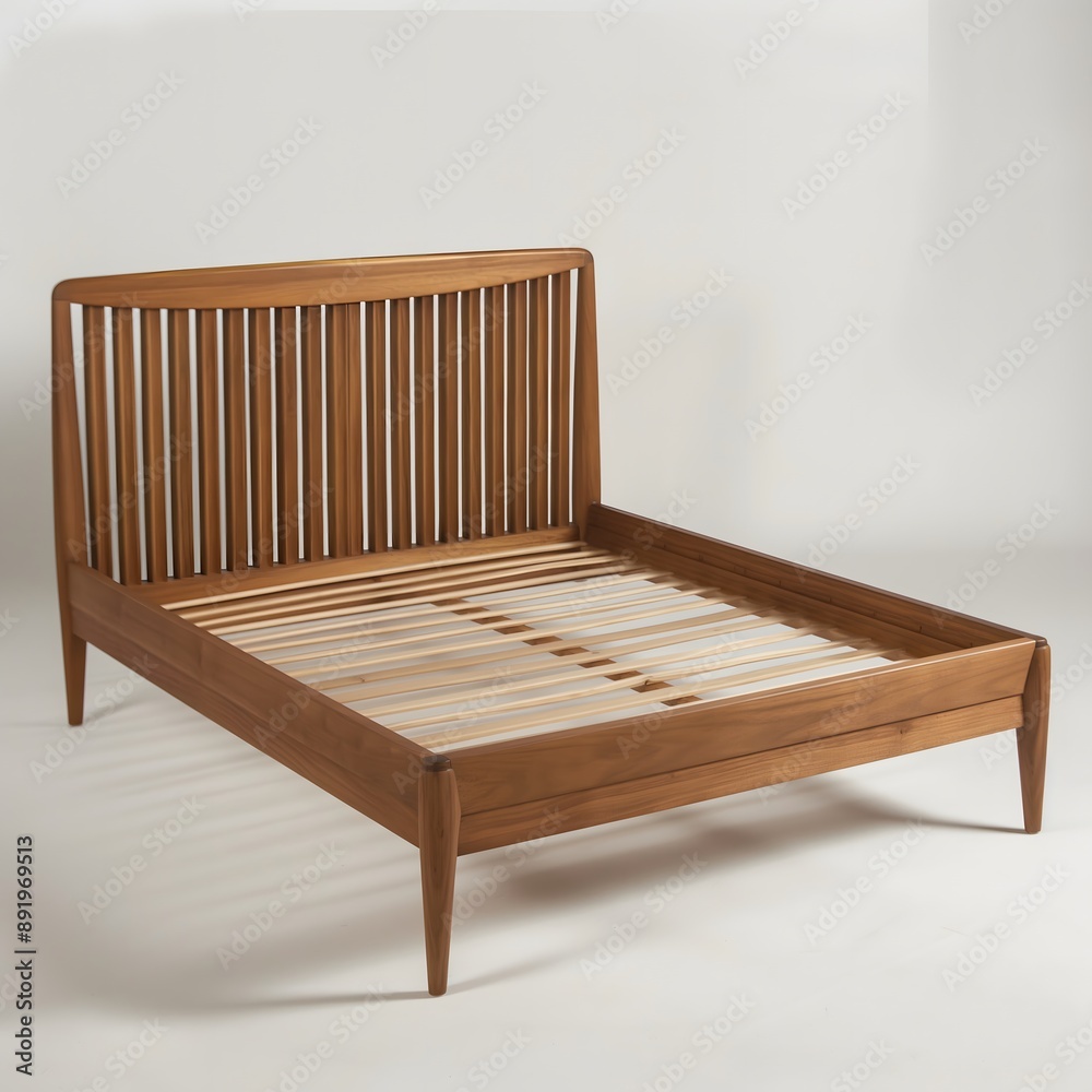 42. **An elegant wooden bed frame with a slatted headboard and a rich finish, standing out against a white backdrop.** 42. **An elegant wooden bed frame with a slatted headboard and a rich finish, standing out against a white backdrop.**