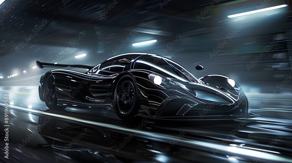 Fototapeta premium silhouette of black supercar with headlights on black background, 3d render, generic design, non-branded. 