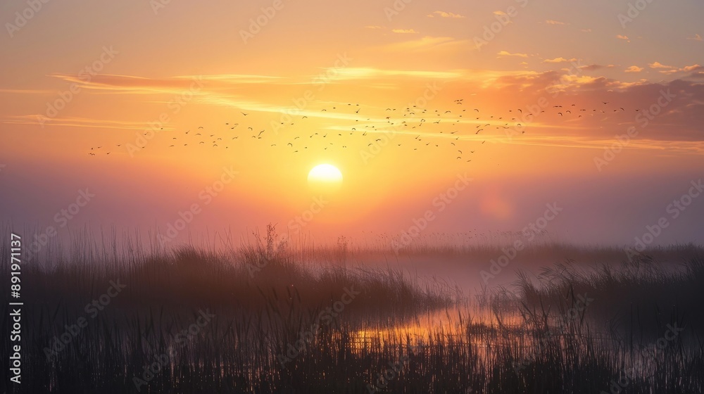 Sunrise over a foggy marsh with birds taking flight Sunrise over a foggy marsh with birds taking flight