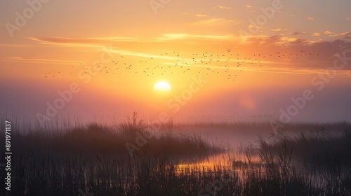 Sunrise over a foggy marsh with birds taking flight © Lakkhana