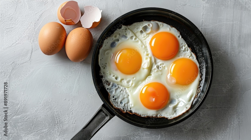 Fried eggs in black pan with metal handle on glass surface with cracked egg top view Fried eggs in black pan with metal handle on glass surface with cracked egg top view