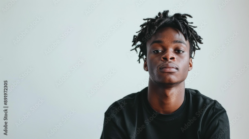 Stylish young man with dreadlocks sitting in front of a white wall in casual black tshirt fashion portrait Stylish young man with dreadlocks sitting in front of a white wall in casual black tshirt fashion portrait
