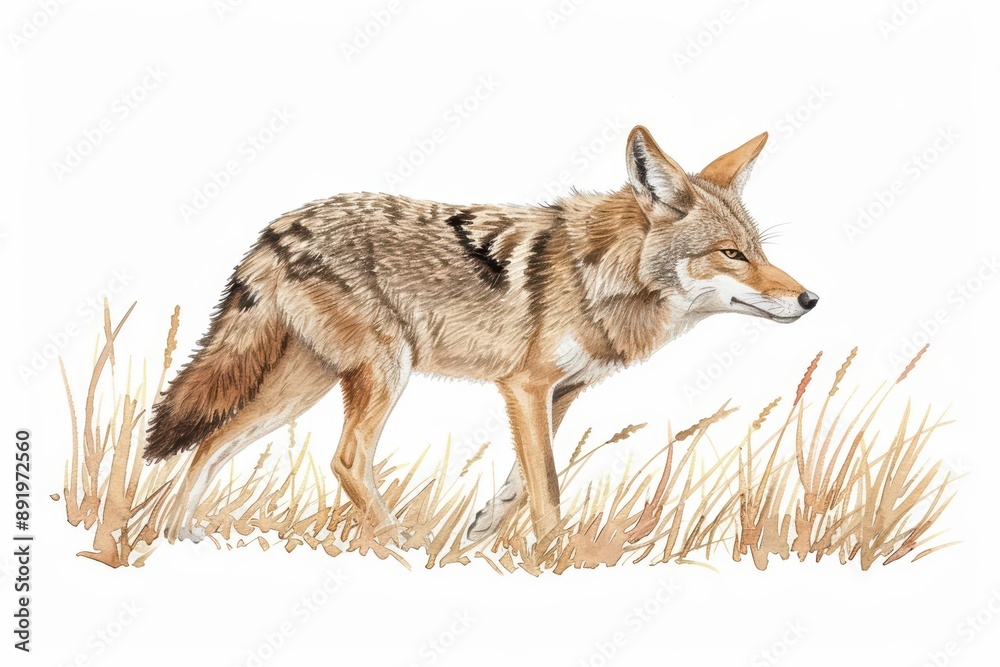 A cute coyote trotting through a field, watercolor style, kawaii, isolate on white background A cute coyote trotting through a field, watercolor style, kawaii, isolate on white background