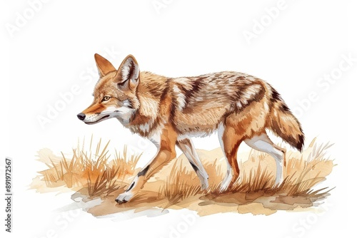 A cute coyote trotting through a field, watercolor style, kawaii, isolate on white background photo