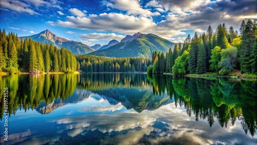 Beautiful lake surrounded by trees with mountain reflections, nature, scenery, lake, trees, reflection, mountains, beauty