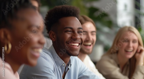 Wallpaper Mural Happy young office colleagues collaborating and smiling in a casual work meeting, business team building workshop event with multiethnic businesspeople. Torontodigital.ca