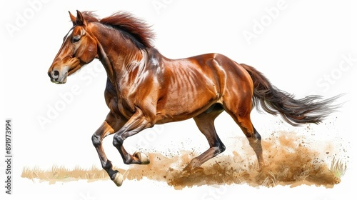 A horse running in a field, nature scene, realistic illustration, dynamic pose, isolated on white background
