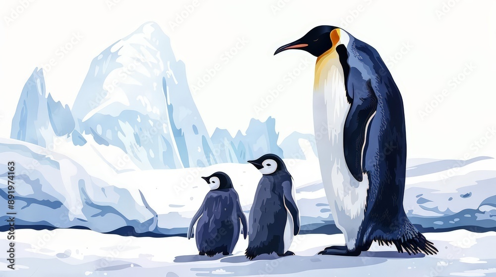 Fototapeta premium A penguin family in the Antarctic, nature element, realistic illustration, cold tones, isolated on white background