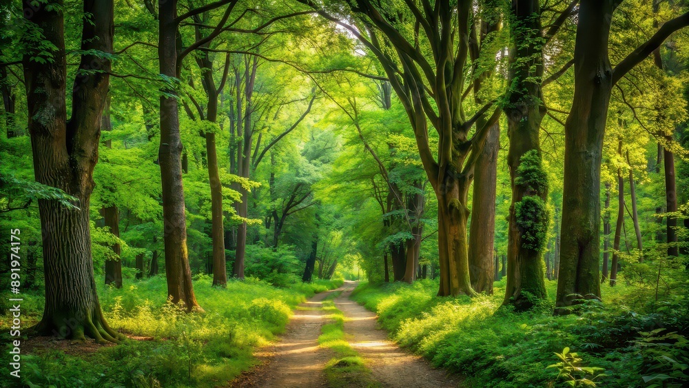 Fototapeta premium Tranquil walk through lush green forest, nature, trees, path, peaceful, outdoors, hiking, tranquility, serene, woodland