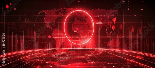 Red stock market graph and global map background illuminated by red laser beams. A holographic ECG line encircles the globe.