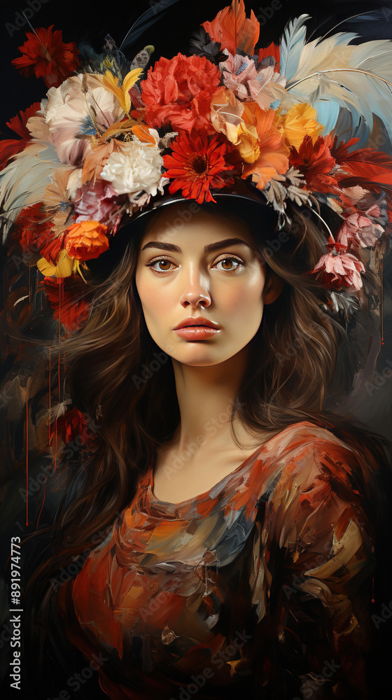 Minimalistic Oil Painting Of A Pretty Young Girl With A Colorful Hat Decorated With Flowers And Feathers On Blurry Background Minimalistic Oil Painting Of A Pretty Young Girl With A Colorful Hat Decorated With Flowers And Feathers On Blurry Background