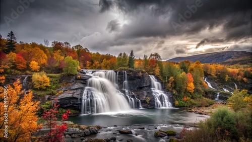 Trappstegsforsen waterfall in autumn surrounded by colorful foliage under cloudy skies, Lapland, Sweden photo