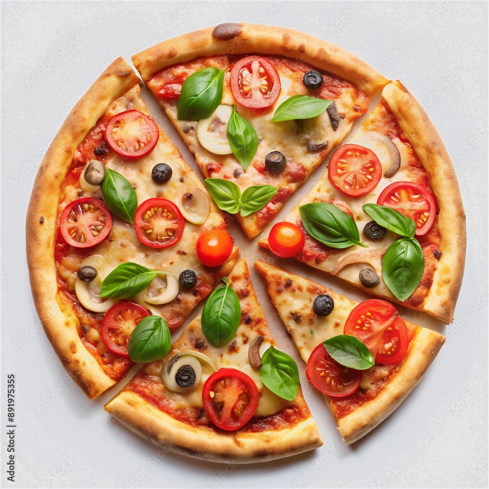 Freshly baked pizza with a cut slice isolated white background