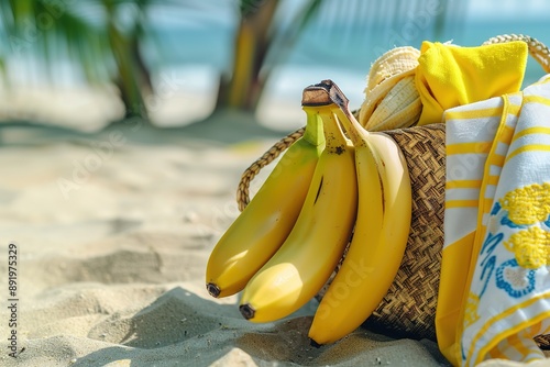 Banana in a beach bag with a towel and sunscreen 