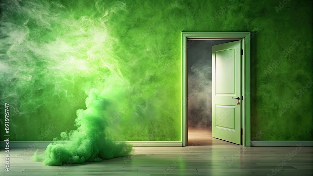 Door in a room with green smoke coming from the floor, mystery, eerie, entrance, spooky, mystical, atmospheric, foggy Door in a room with green smoke coming from the floor, mystery, eerie, entrance, spooky, mystical, atmospheric, foggy