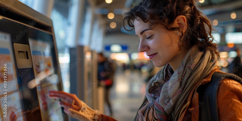 Obraz premium Woman Using a Touchscreen Kiosk