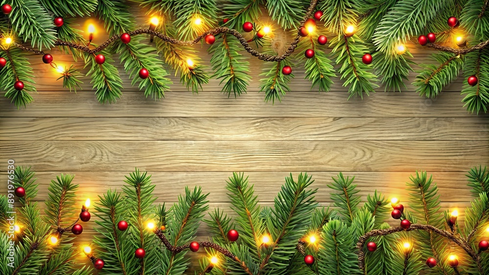 Seamless decorative christmas border with coniferous branches and garlands of christmas lights on background Seamless decorative christmas border with coniferous branches and garlands of christmas lights on background
