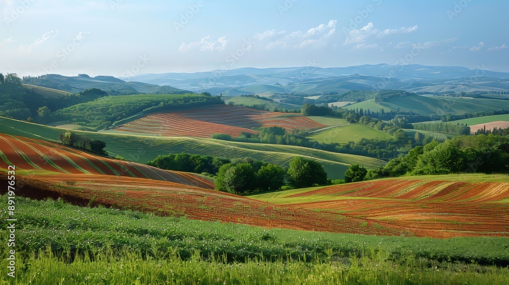 Rolling hills covered in farmland with a patchwork of different crops Generative AI Rolling hills covered in farmland with a patchwork of different crops Generative AI