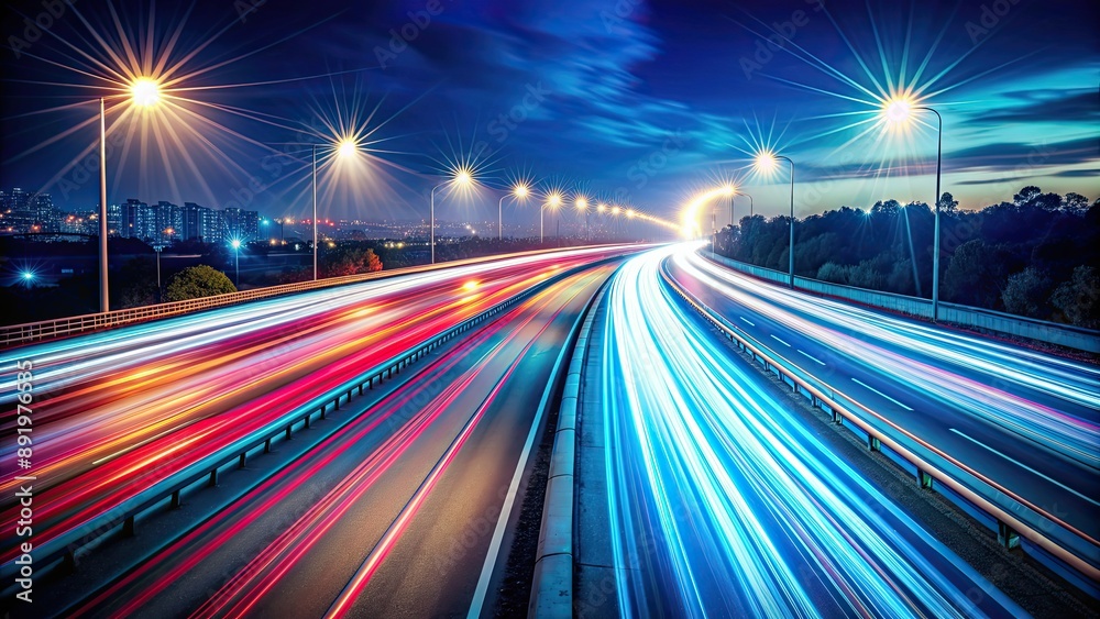 Abstract motion blur light trails on a highway at night, depicting speed and technology, speed, motion blur, light trails Abstract motion blur light trails on a highway at night, depicting speed and technology, speed, motion blur, light trails