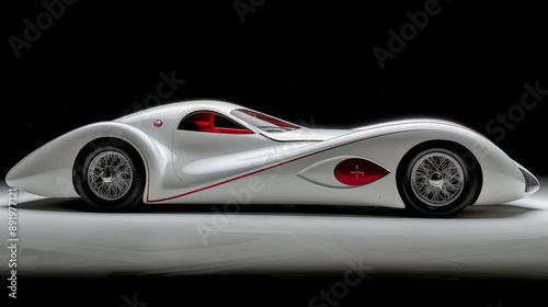 Sleek White Vintage-Inspired Concept Car with Red Accents.. photo