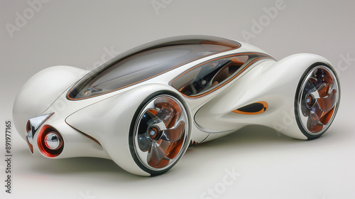 Futuristic White Concept Car with Transparent Roof and Wheels..