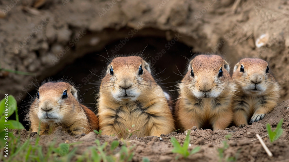 Black-tailed prairie dog family with adorable young in their burrow Black-tailed prairie dog family with adorable young in their burrow