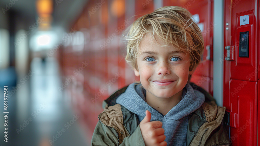 Cute Caucasian School Boy Giving a Thumbs Up in the Hallway of His ...