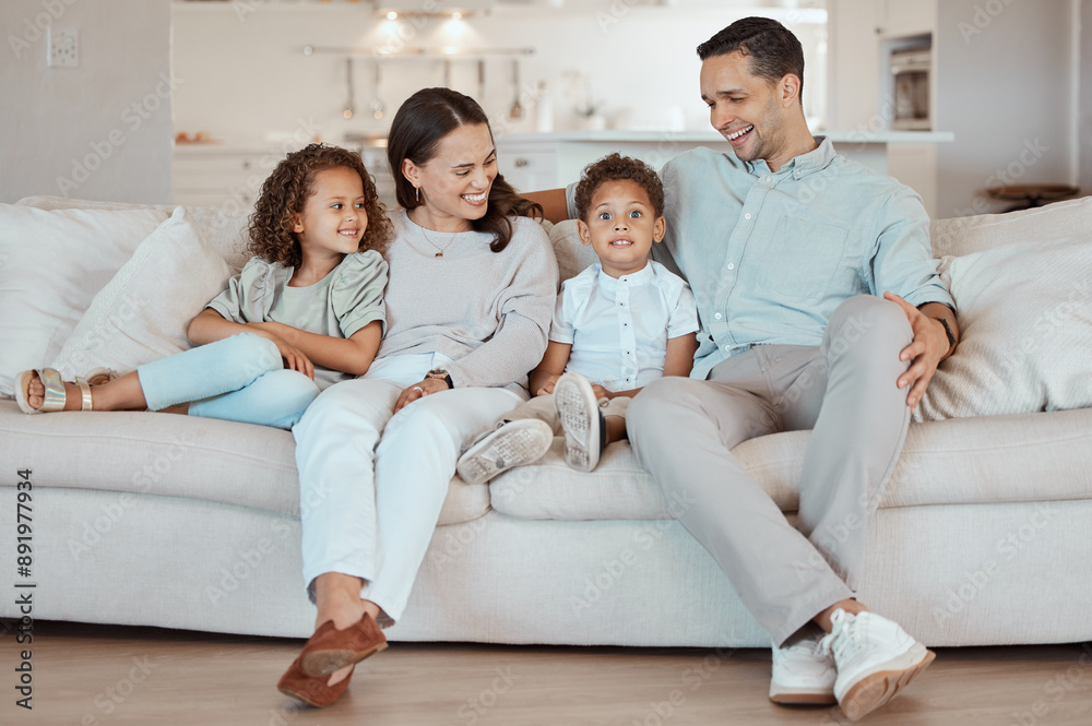 Kids, happy family and portrait of parents laughing in home together for care, love and bonding. Smile, mother and father with funny children on sofa in lounge for joke, story and relax with siblings Kids, happy family and portrait of parents laughing in home together for care, love and bonding. Smile, mother and father with funny children on sofa in lounge for joke, story and relax with siblings